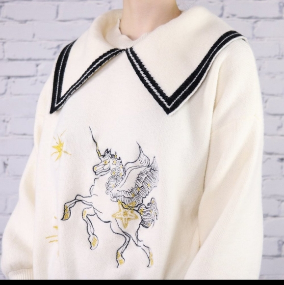 Embroidered Unicorn Soft Plush Cream Sweater - Picture 4 of 7